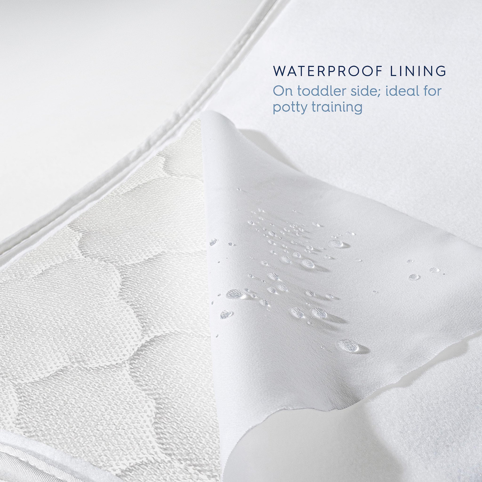 Close-up of HALO DreamWeave crib mattress showing waterproof lining, ideal for potty training.