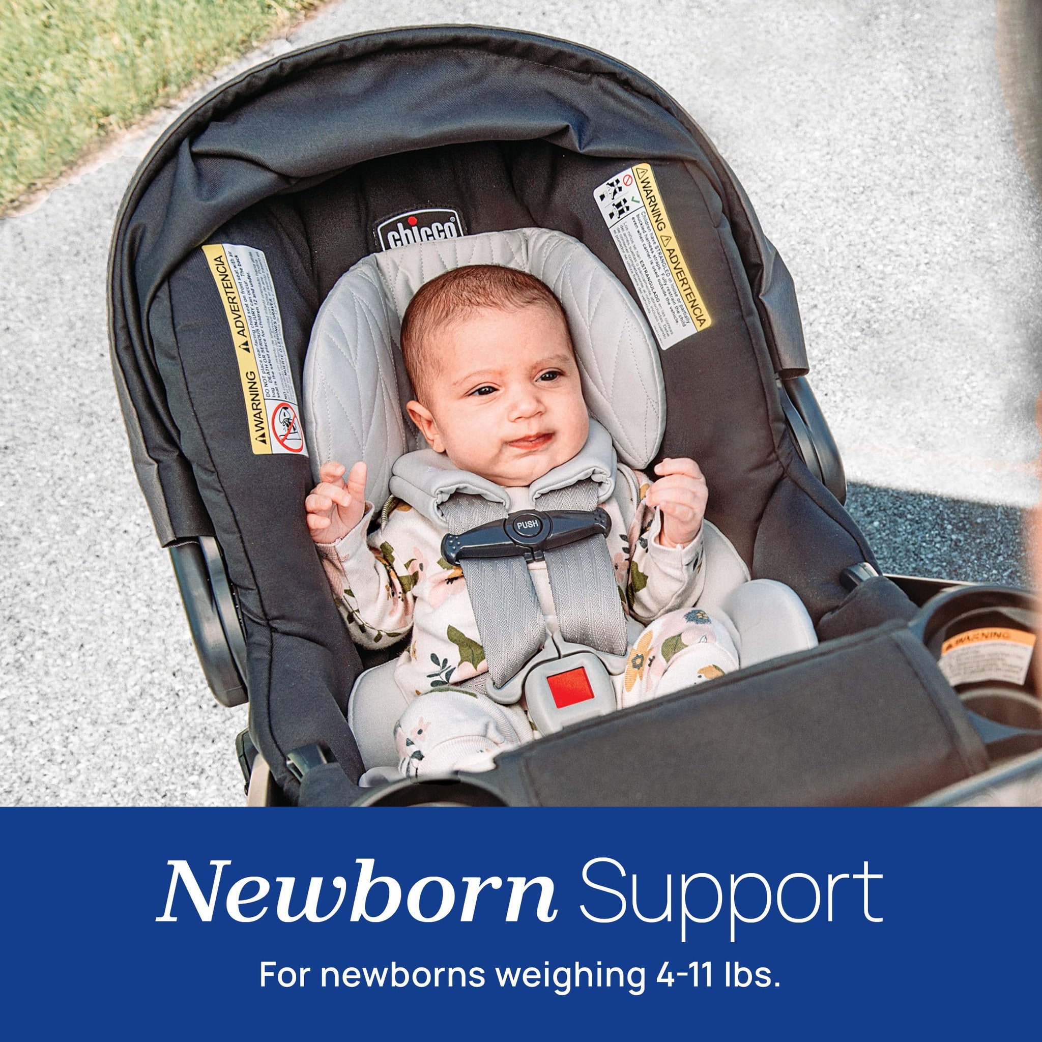 Infant car seat with newborn support for babies weighing 4-11 lbs in a Chicco KeyFit 30 rear-facing seat.