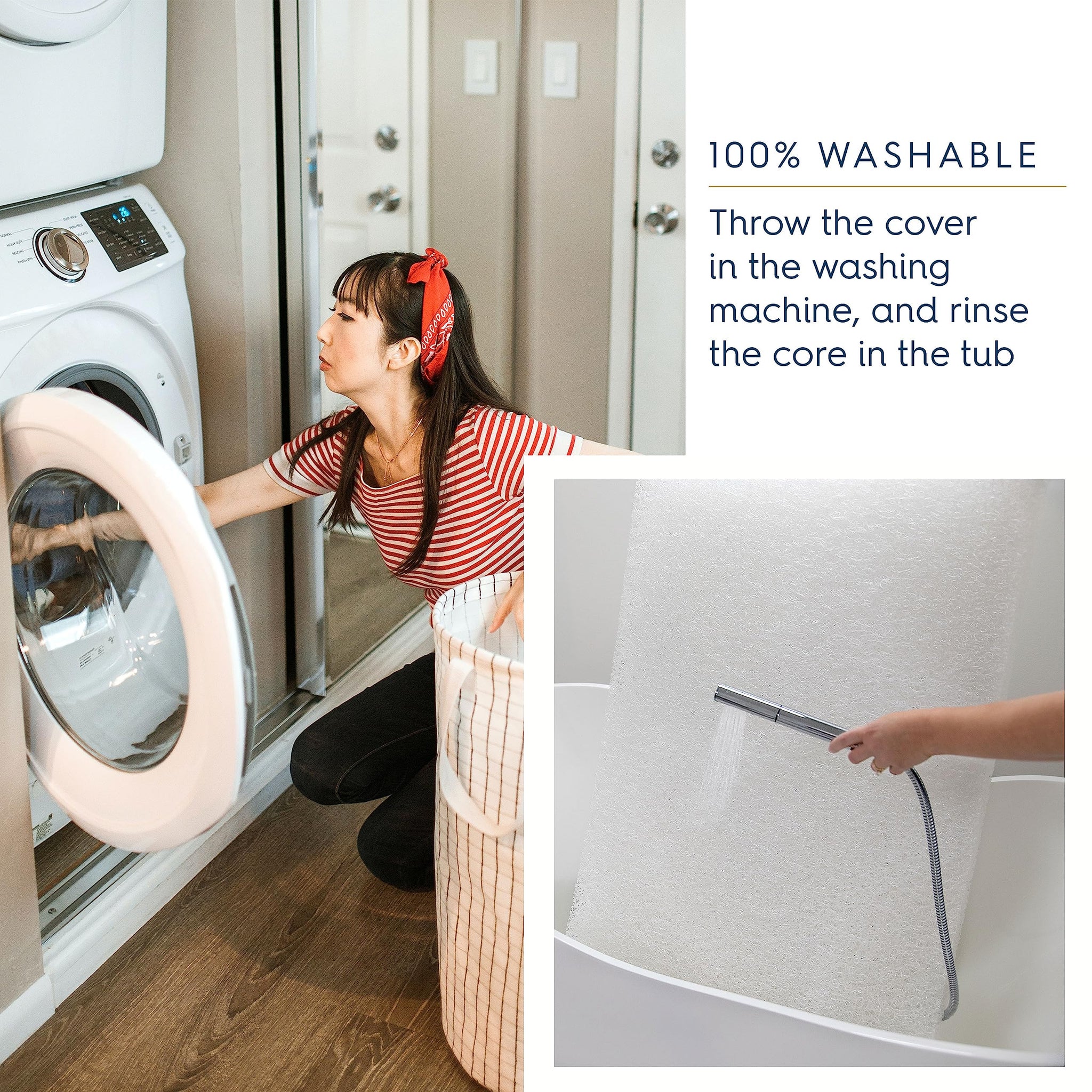 A woman loading a washing machine with a crib mattress cover, showcasing the 100% washable feature of the HALO DreamWeave crib mattress.