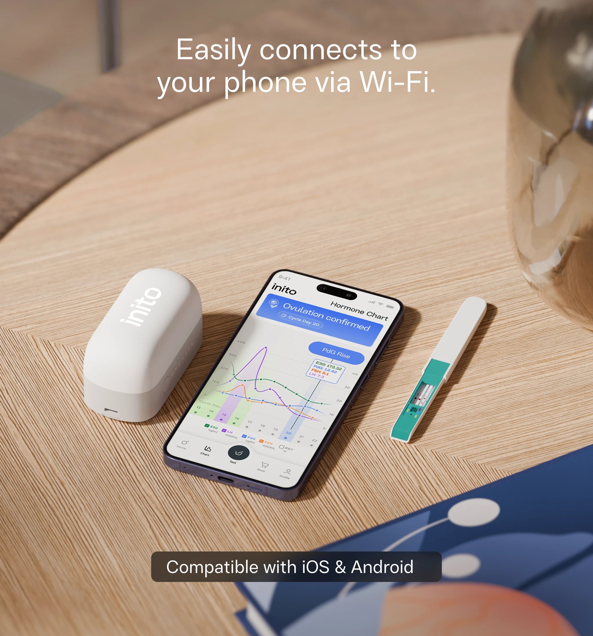 Inito InSight Wireless Reader shown with the free Inito hormone tracking app